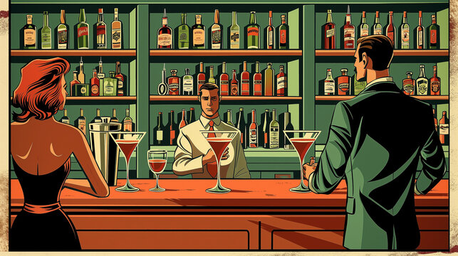 A retro comic strip featuring a martini bar scene, adding narrative and character elements, retro comic design, National Martini Day, with copy space