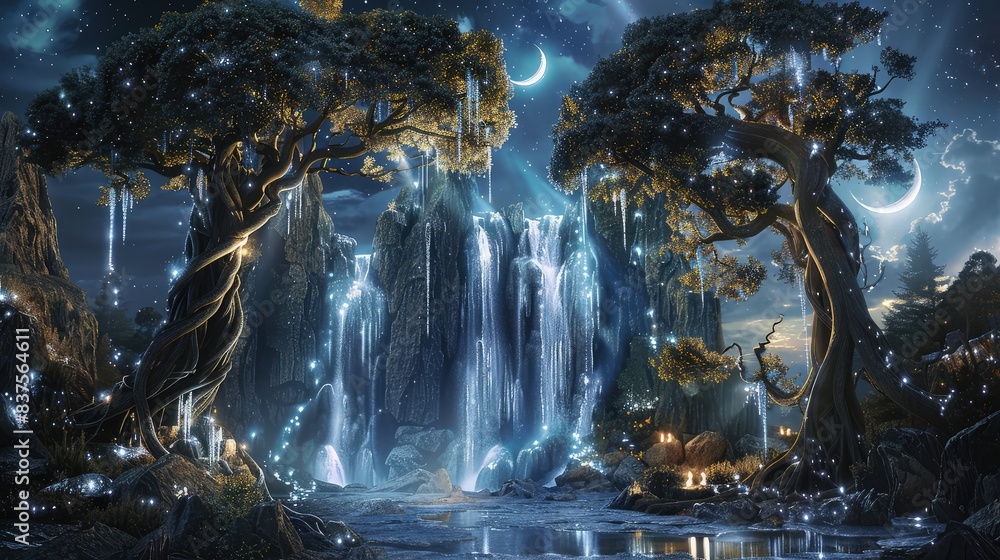 Poster a celestial haven where ancient trees and twisted branches surround a crystal waterfall, illuminated