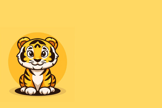 logo illustration vectorielle d'un b&eacute;b&eacute; tigre du Bengale devant un &eacute;norme soleil jaune, sur un fond jaune avec espace n&eacute;gatif copyspace. Zoo, animalerie, raid, sport de combat pour enfant, safari