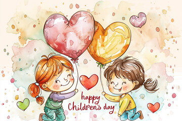 petites filles avec des couettes et des ballons à la main, avec des confettis et le texte en anglais "Happy children's day" Joyeuse journée des enfants, 20 novembre,  aquarelle