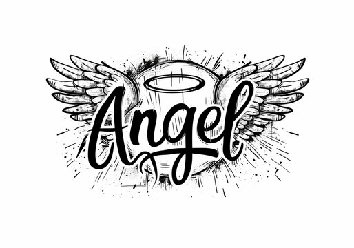 Texte en anglais "Angel" ange, surmont&eacute; des ailes d'un ange avec son aur&eacute;ole. Sur fond blanc - style tatouage noir sur blanc
