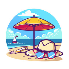 beach scene with sunglasses, hat and umbrella on the sand under sun vector illustrations