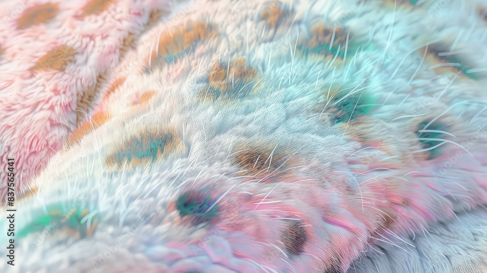 Poster a close-up view of a cheetah's coat with a pastel rainbow opal gradient pattern, depicted on a textu