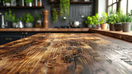 Wood table top on blurred kitchen background. can be used mock up for montage products display or design layout.generative ai
