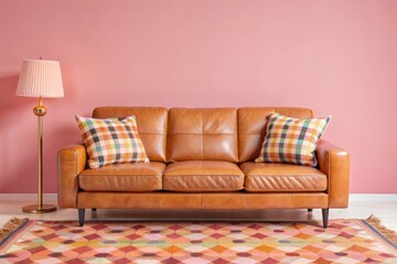A vibrant orange retro living room with an elegant leather sofa, colorful plaid pillows, and bold geometric art on the wall. 