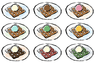 筆タッチの様々な種類のアイスののったワッフルのイラストセット
