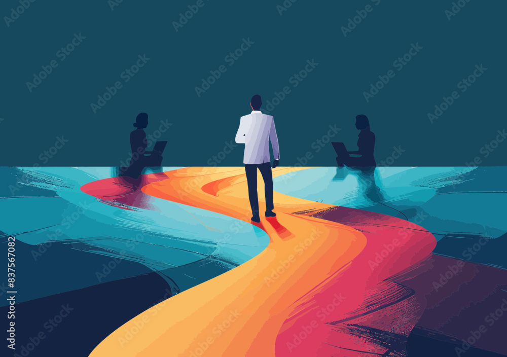 Poster business decision making and choosing path to success in minimalistic vector illustration with profe