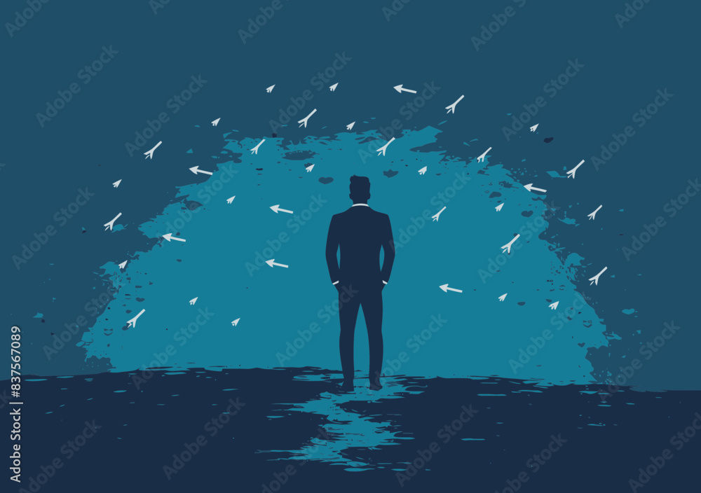 Poster businessman contemplating multiple path choices, vector illustration depicting decision making and s
