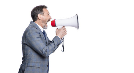 Businessman man shouting in business conflict with loudspeaker isolated on white