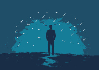 Businessman Contemplating Multiple Path Choices, Vector Illustration Depicting Decision Making and Strategic Planning Concept with Arrows, Nighttime Mood