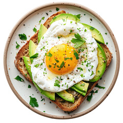 A delicious avocado toast topped with a fried egg and sprinkled with fresh herbs. Perfect for a healthy and nutritious breakfast., transparent background