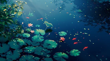 lotus leaves on the lake and little red fish illustration poster background 
