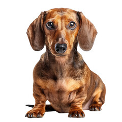 Adorable brown Dachshund dog sitting and facing forward, isolated on white background. High resolution stock photo for pet lovers., transparent background