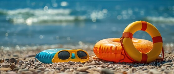 Obraz premium beach life guard equipment, Lifebuoys, rescue tubes, and first aid kits essential for beach lifeguards in emergency situations