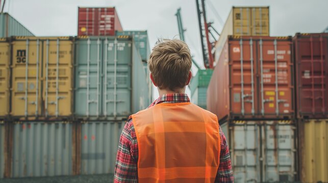Worker in safety vest stands at the freight port