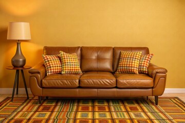 A vibrant orange retro living room with an elegant leather sofa, colorful plaid pillows, and bold geometric art on the wall. 