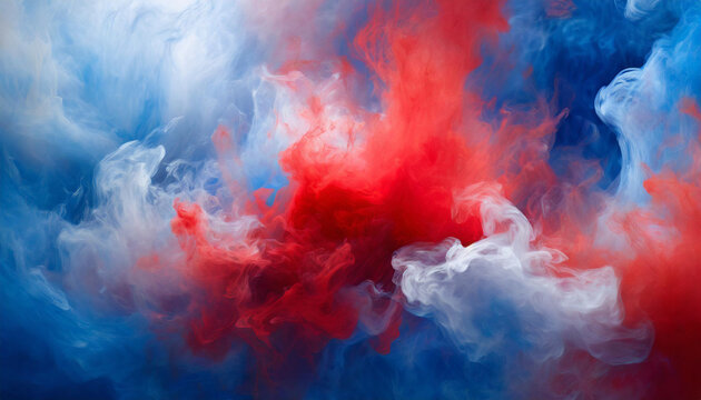 red, white, and blue smoke swirls dynamically against a dark background, creating an abstract and patriotic visual effect. Ideal for backgrounds, wallpapers, and symbolic imagery