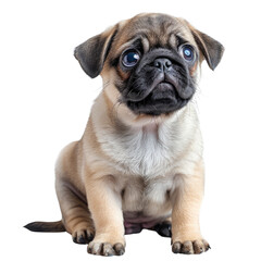 Obraz premium Cute beige pug puppy with large eyes and folded ears sitting and looking upwards on a white background., transparent background