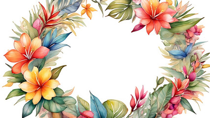 Watercolor circles feature a variety of tropical flowers in shades of pink, red, yellow, and orange, and the leaves also feature various shades of green. on a white background