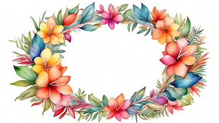 Watercolor circles feature a variety of tropical flowers in shades of pink, red, yellow, and orange, and the leaves also feature various shades of green. on a white background