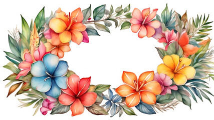 Watercolor circles feature a variety of tropical flowers in shades of pink, red, yellow, and orange, and the leaves also feature various shades of green. on a white background