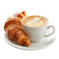 Delicious flaky croissant paired with a frothy cappuccino on a white plate, perfect for a tasty breakfast or a coffee break., transparent background