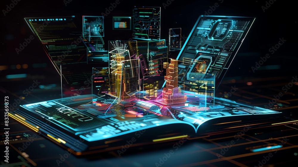 Poster a 3d visualization of a futuristic pop-up book with high-tech models