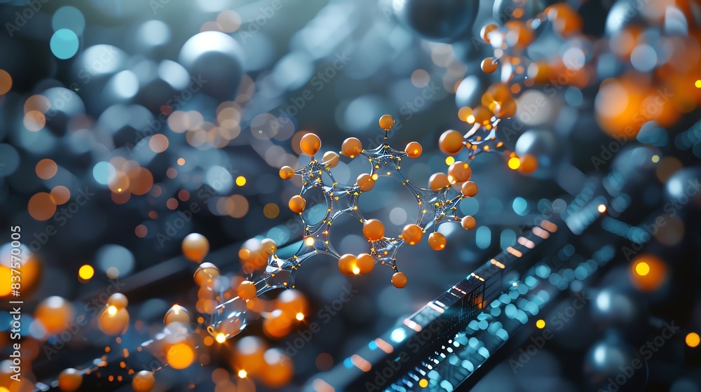 Poster an artistic 3d rendering of a molecular model engaging with a drug target