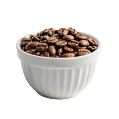 White bowl filled with roasted coffee beans on a plain white background. Perfect for coffee and kitchen-related themes., transparent background