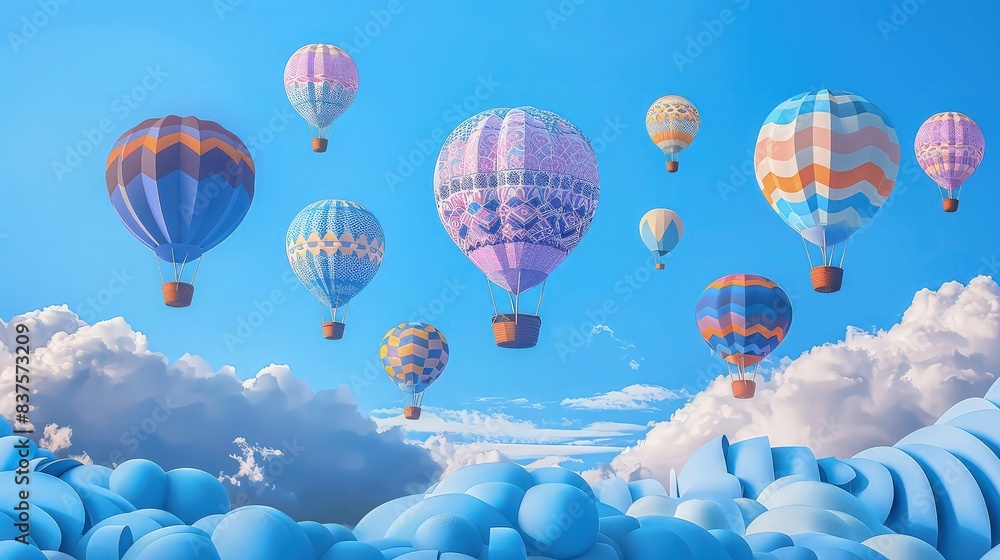 Poster a flock of gas balloons in different patterns and shades, soaring above layered paper clouds in a vi