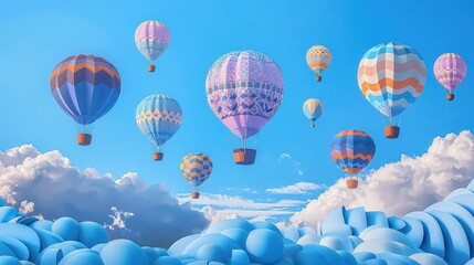 Obraz premium Numerous patterned hot air balloons float upward through a light blue atmosphere above soft white and blue cloud formations, suitable for marketing design.