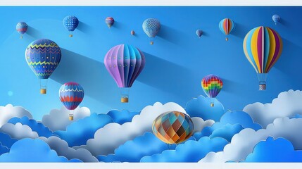 Fototapeta premium Multiple colorful hot air balloons ascend above stylized blue clouds, creating a whimsical scene ideal for travel advertising copy space.