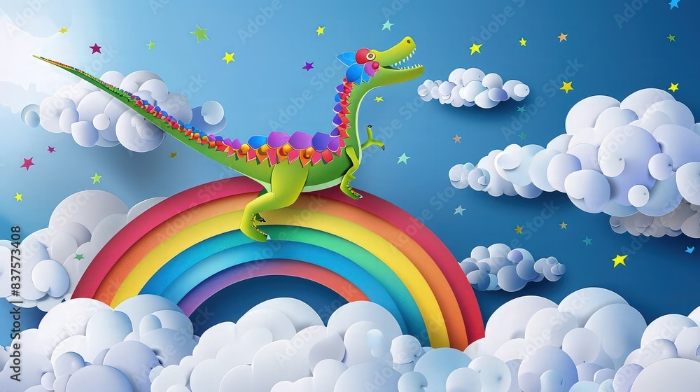 Poster a friendly dinosaur with colorful scales joyfully sliding down a rainbow into layers of fluffy cloud