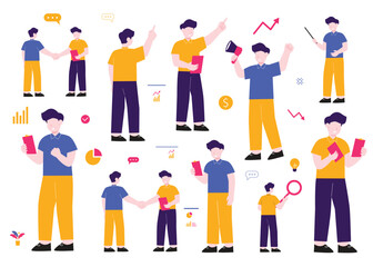 Set Business Characther Design, Businessman Set Characther Vector Ilustration, Business man characters corporate sales presentation pose and gestures set like talking and presenting for business