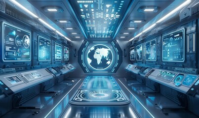A futuristic command center with AIpowered data analytics dashboards, advanced interfaces, hightech and clean design, blue and white tones, 3D illustration