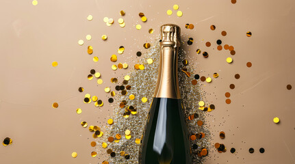 Celebratory Champagne Bottle with Gold Glitter and Confetti on Beige Background, Perfect for Festive Events and New Year Eve Parties