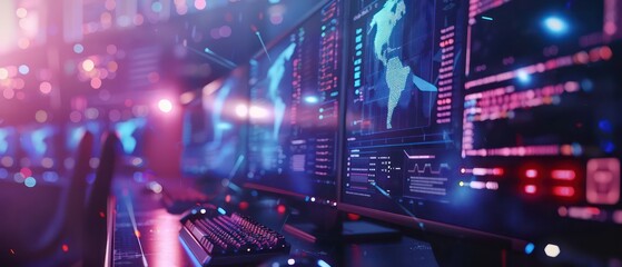 futuristic tech data security scene with neon lights and holographic displays, featuring an advanced gaming setup