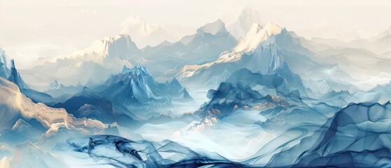 deep blue mountains, romantic sky, asian ink landscape painting