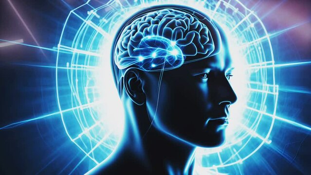 3D Animation of Human Head Rotating. Technology Interface. Electrical Impulses Shinning inside the brain. Synapse, Neuroimaging, Brain Mapping