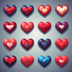 A collection of hearts in various colors and sizes