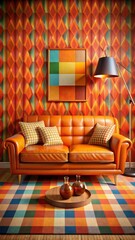 A vibrant orange retro living room with an elegant leather sofa, colorful plaid pillows, and bold geometric art on the wall. 