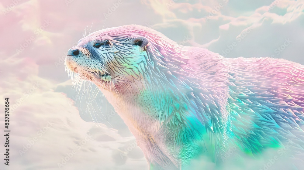 Poster a mesmerizing canvas print showing an otter's coat with a pastel rainbow opal gradient pattern, tran