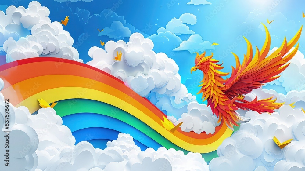 Poster a magical phoenix with fiery feathers sliding down a rainbow into fluffy clouds in a bright blue sky