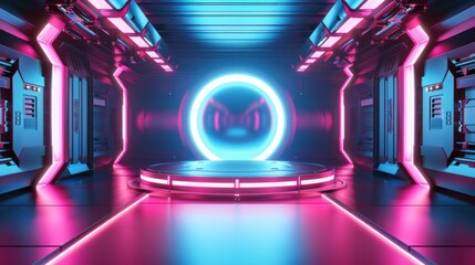 Obraz premium Modern sci-fi Cyberpunk product display with blue and pink background.
