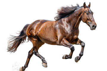 A horse galloping at full speed, mane flowing, isolated on a white background