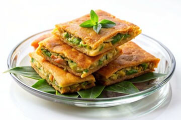 Martabak Telur (Indonesian: Stuffed Pancake or Pan Fried Bread) Indonesian Street Food on White Background