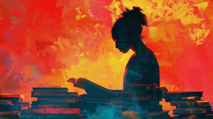 Modern digital illustration of a woman studying with textbooks, symbolizing academic dedication and lifelong learning.