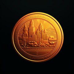 A gold coin with a city on it