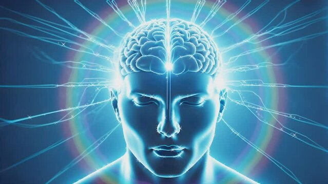 3D Animation of Human Head Rotating. Technology Interface. Electrical Impulses Shinning inside the brain. Synapse, Neuroimaging, Brain Mapping
