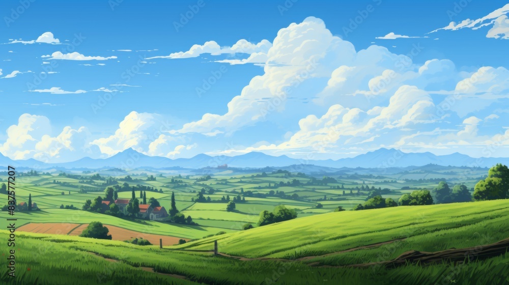 Poster a beautiful landscape with a large field of grass and a few trees
